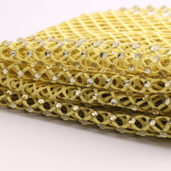 Light Yellow Rhinestones Mesh Fabric Sewing Elastic Trim WholesaleRhinestone
