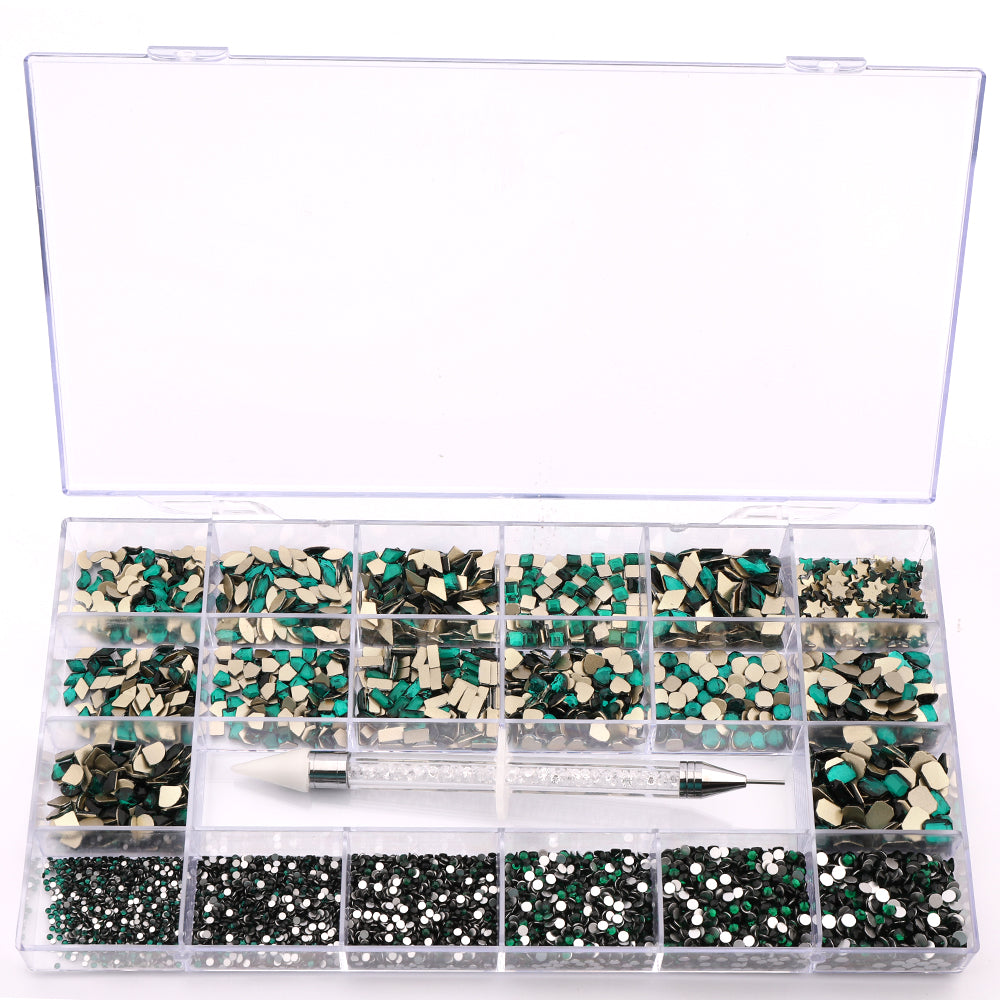 Mixed Multi Shapes Dark Green Glass Fancy Rhinestone Kit Box For Nail Art HZ2105 WholesaleRhinestone