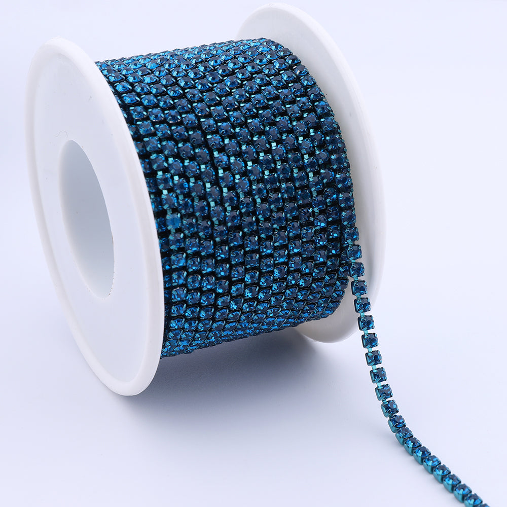 Capri Blue Glass Rhinestones Close Cup Chain - 1 Row Capri Blue Base WholesaleRhinestone