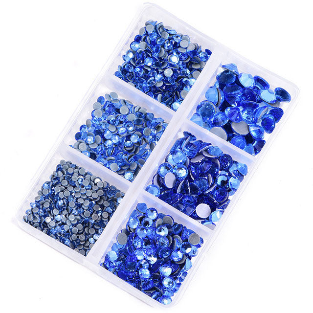 Mixed Sizes 6 Grid Box Light Blue Glass HotFix Rhinestones For Clothing DIY WholesaleRhinestone Immagine principale del prodotto
