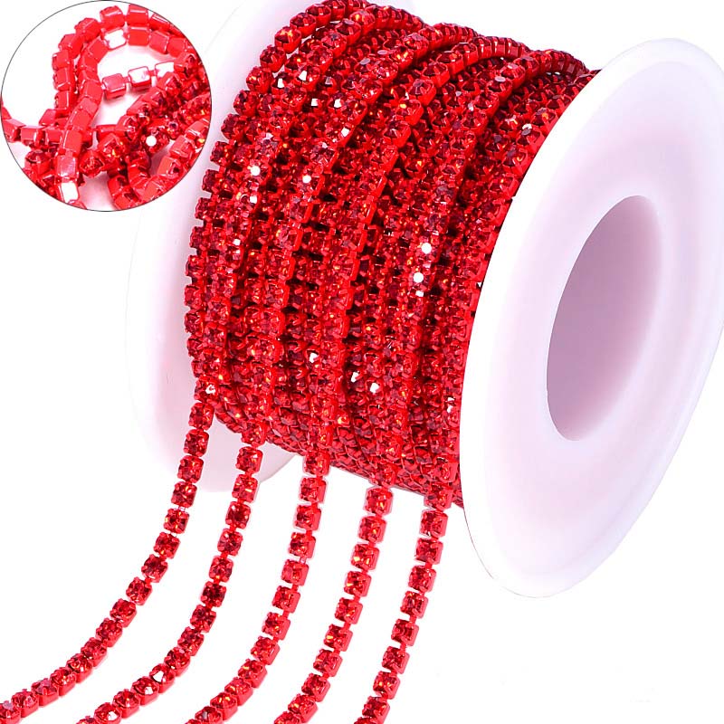 Red Glass Rhinestones Close Cup Chain - 1 Row Red Base WholesaleRhinestone
