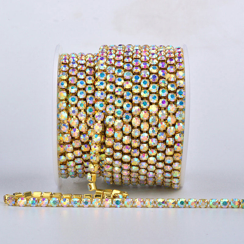 Crystal AB Glass Rhinestones Close Cup Chain- 1 Row Gold Base Secondary image