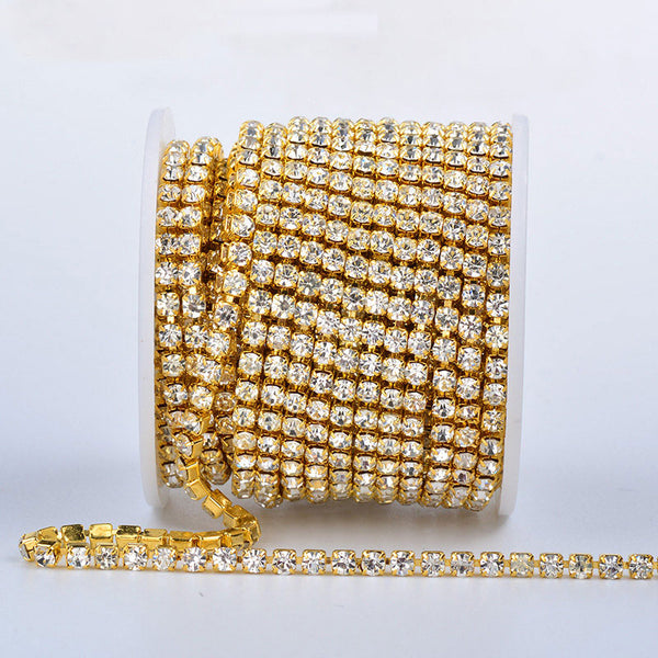 Crystal Glass Rhinestones Close Cup Chain - 1 Row Gold Base WholesaleRhinestone