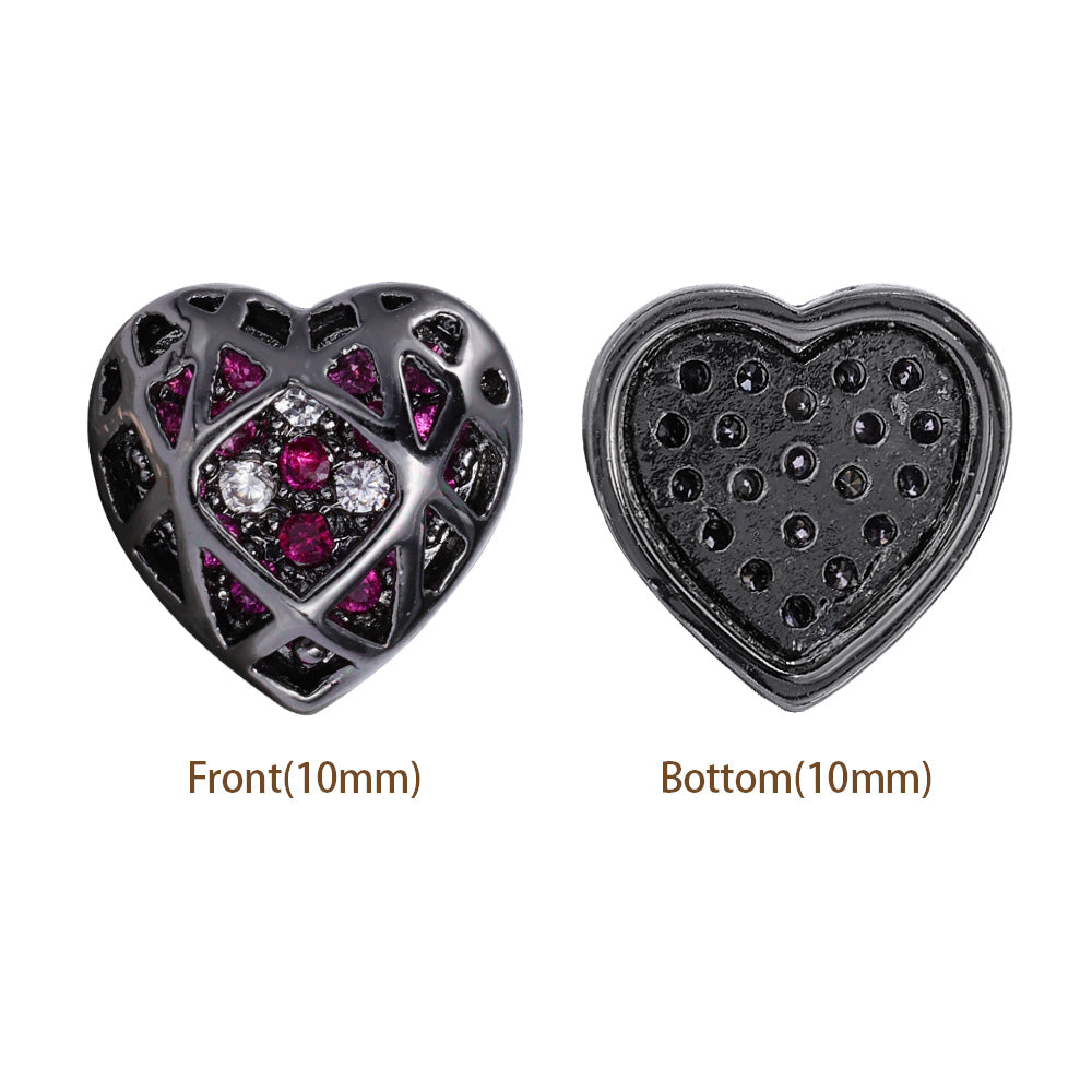 Heart Shape Hematite Plated High-Quality Sew-on Alloy Charms Inlaid Cubic Zirconia