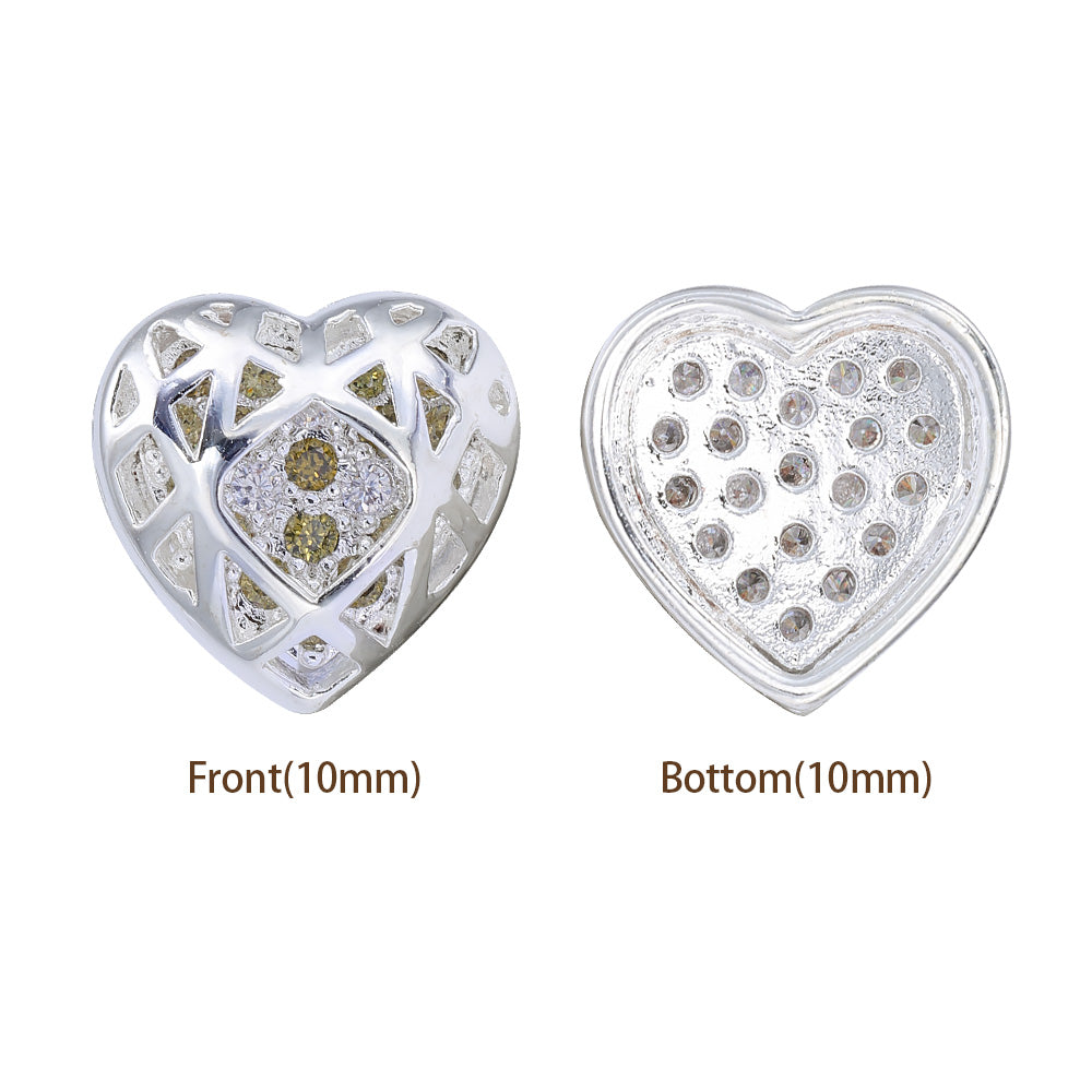 Heart Shape Silver Plated High-Quality Sew-on Alloy Charms Inlaid Cubic Zirconia