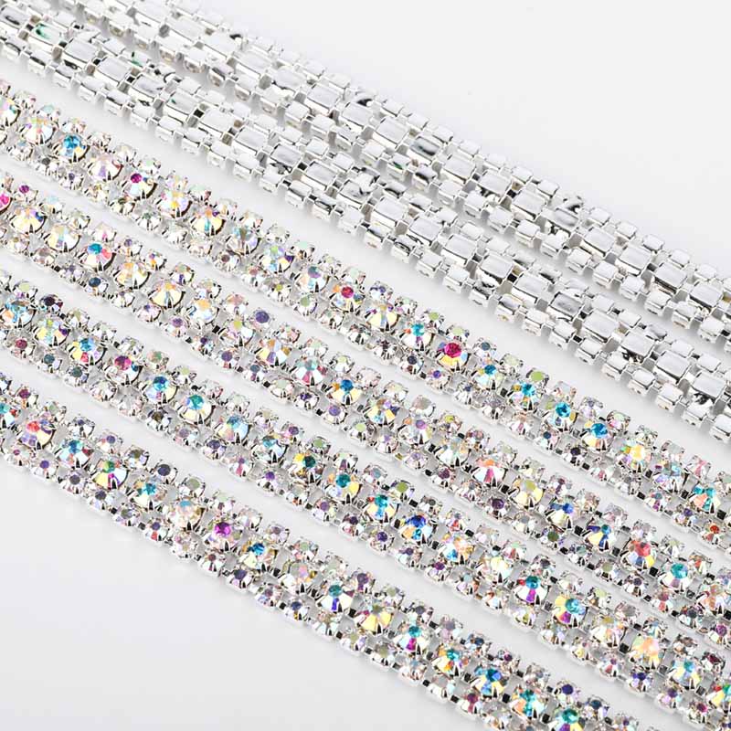 10 Yards Crystal AB Rhinestones Close Cup Chain -  3 Rows Silver Base WholesaleRhinestone