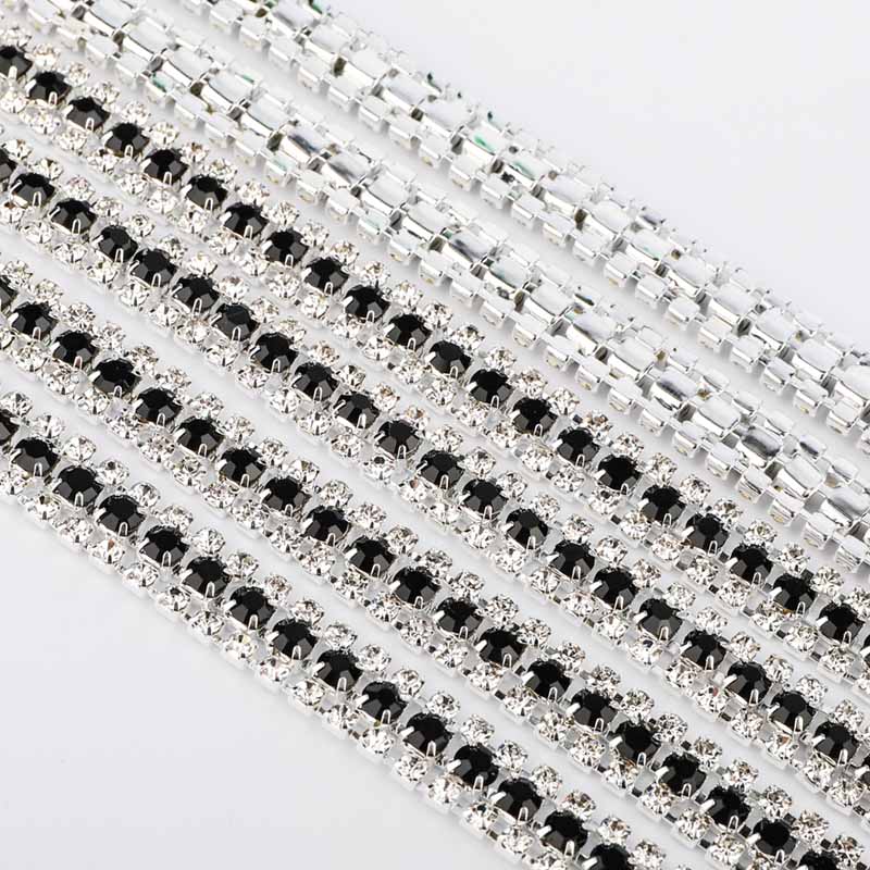 10 Yards Crystal & Black Rhinestones Close Cup Chain -  3 Rows Silver Base Secondary image