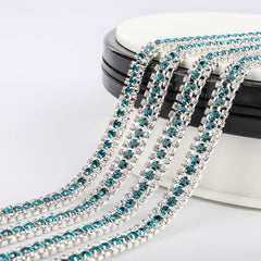 10 Yards Crystal & Indicolite Rhinestones Close Cup Chain -  3 Rows Silver Base WholesaleRhinestone