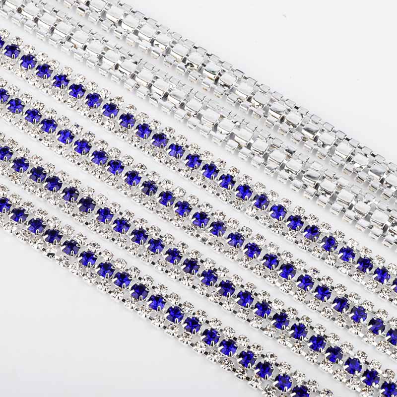10 Yards Crystal & Sapphire Rhinestones Close Cup Chain -  3 Rows Silver Base Secondary image