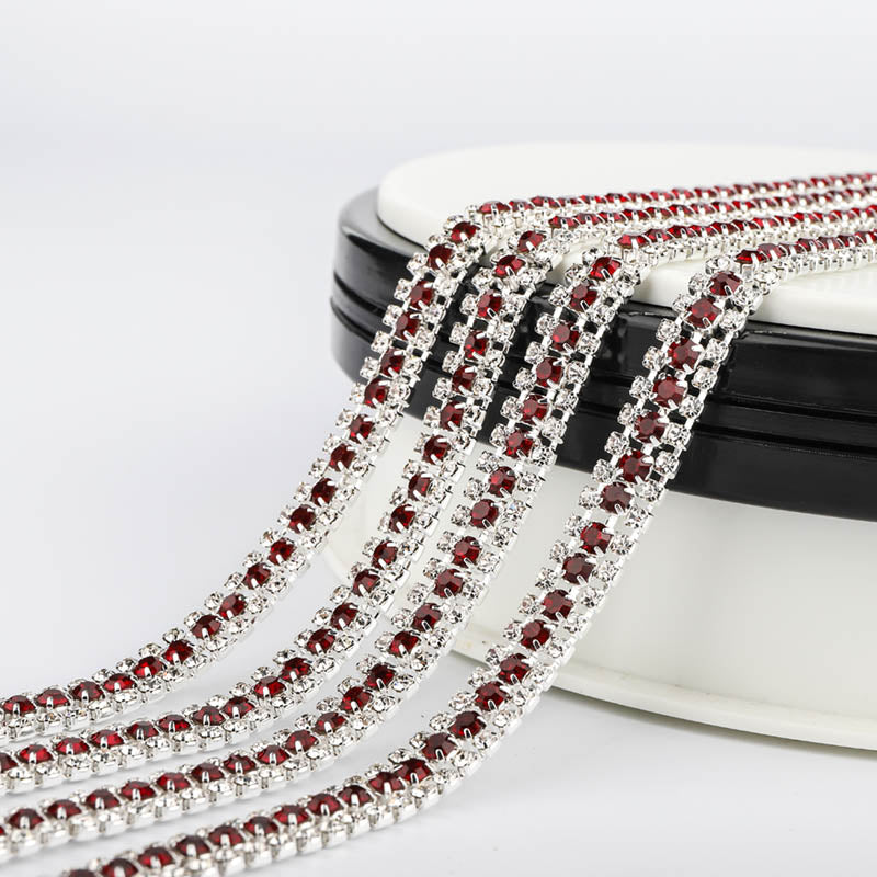 10 Yards Crystal & Dark Red Rhinestones Close Cup Chain -  3 Rows Silver Base WholesaleRhinestone