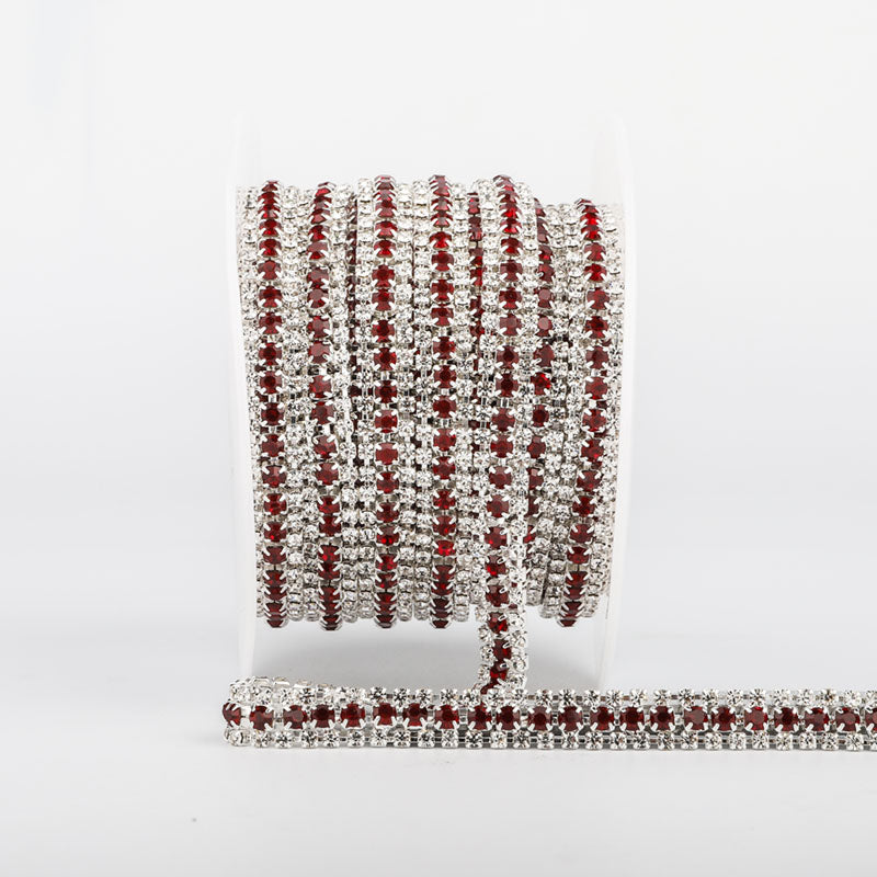 10 Yards Crystal & Dark Red Rhinestones Close Cup Chain -  3 Rows Silver Base WholesaleRhinestone Main image