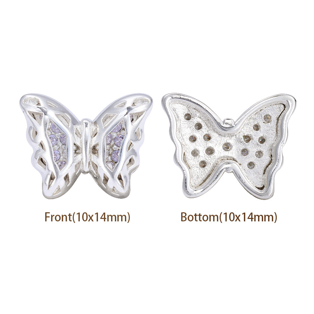 Butterfly Shape Silver Plated High-Quality Sew-on Alloy Charms Inlaid Cubic Zirconia