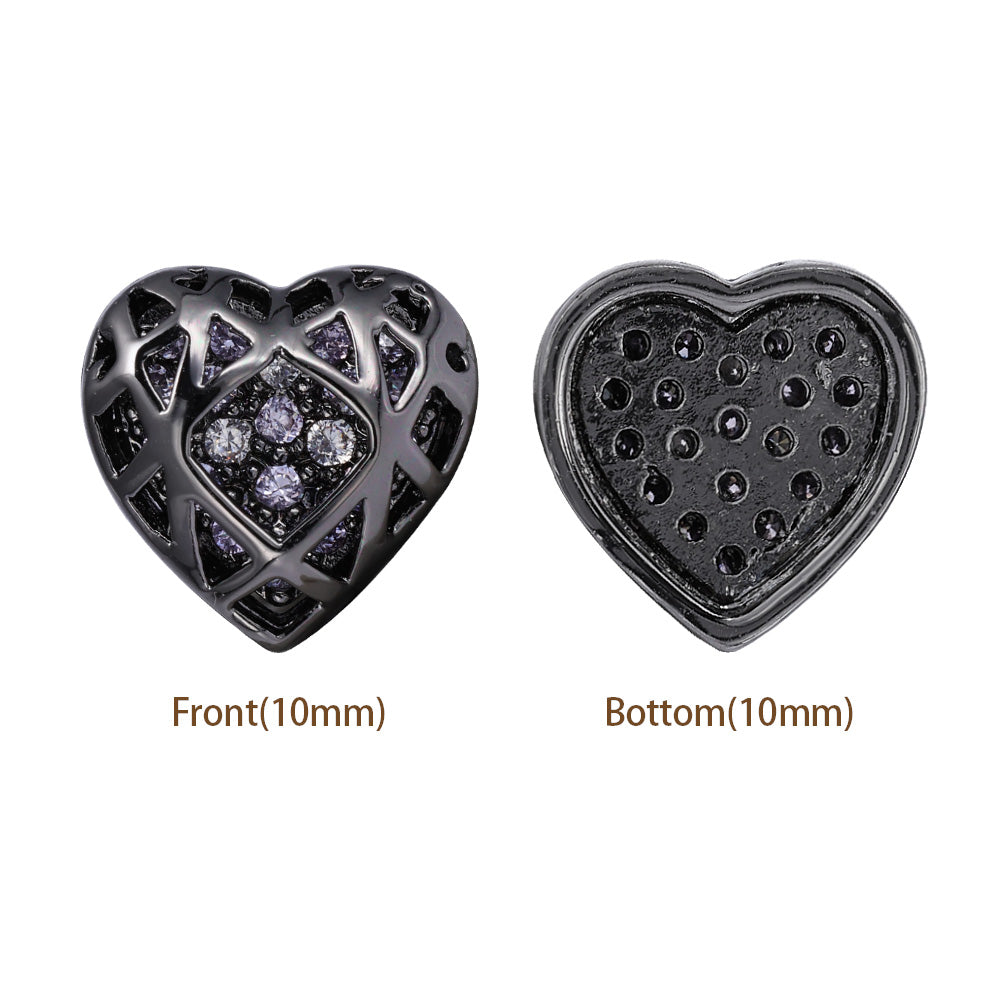 Heart Shape Hematite Plated High-Quality Sew-on Alloy Charms Inlaid Cubic Zirconia