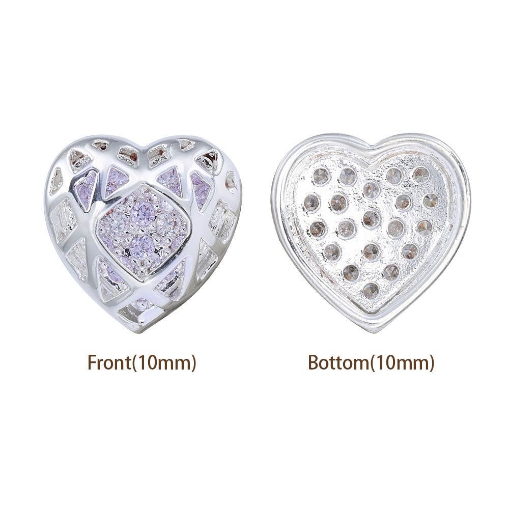 Heart Shape Silver Plated High-Quality Sew-on Alloy Charms Inlaid Cubic Zirconia