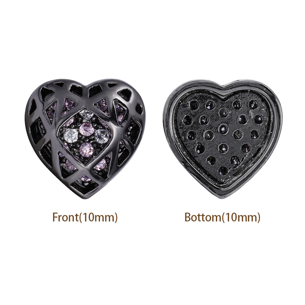 Heart Shape Hematite Plated High-Quality Sew-on Alloy Charms Inlaid Cubic Zirconia