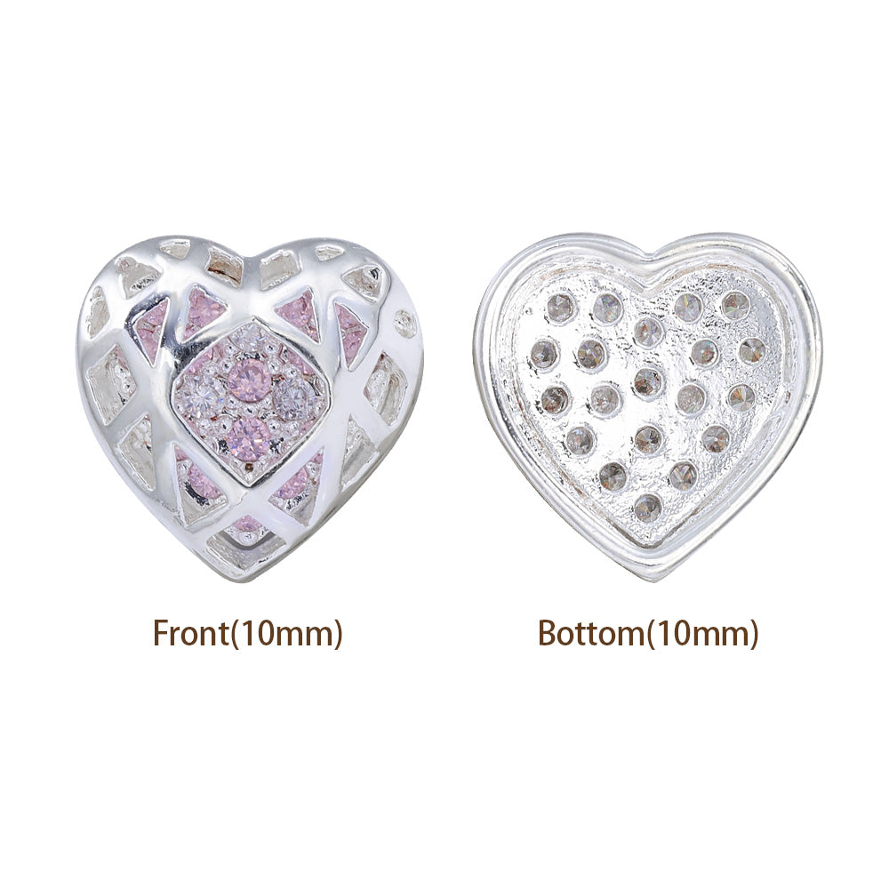 Heart Shape Silver Plated High-Quality Sew-on Alloy Charms Inlaid Cubic Zirconia