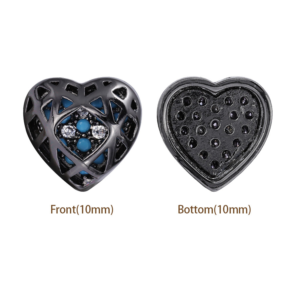 Heart Shape Hematite Plated High-Quality Sew-on Alloy Charms Inlaid Cubic Zirconia